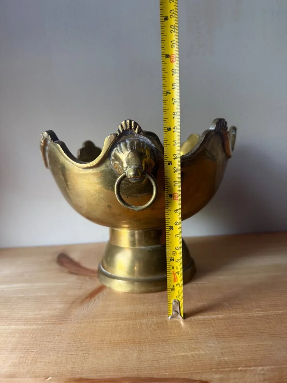 Vintage Brass Lion Head Pedestal Bowl | Scalloped Monteith Centerpiece